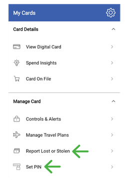 Settings for your cards in the Baylands Credit Union App. This image in particular is pointing out Report Lost or Stolen Cards and Set Pin options.